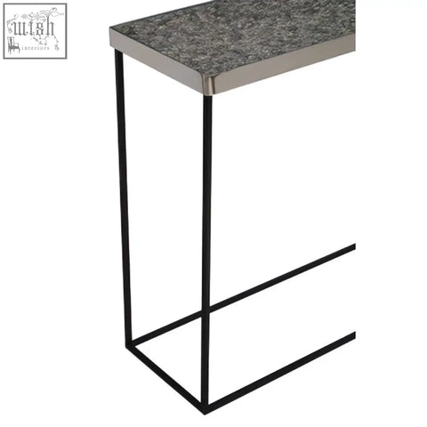 Modern bar stool with speckled gray stone top and black metal frame paired with akola silver console table for living room