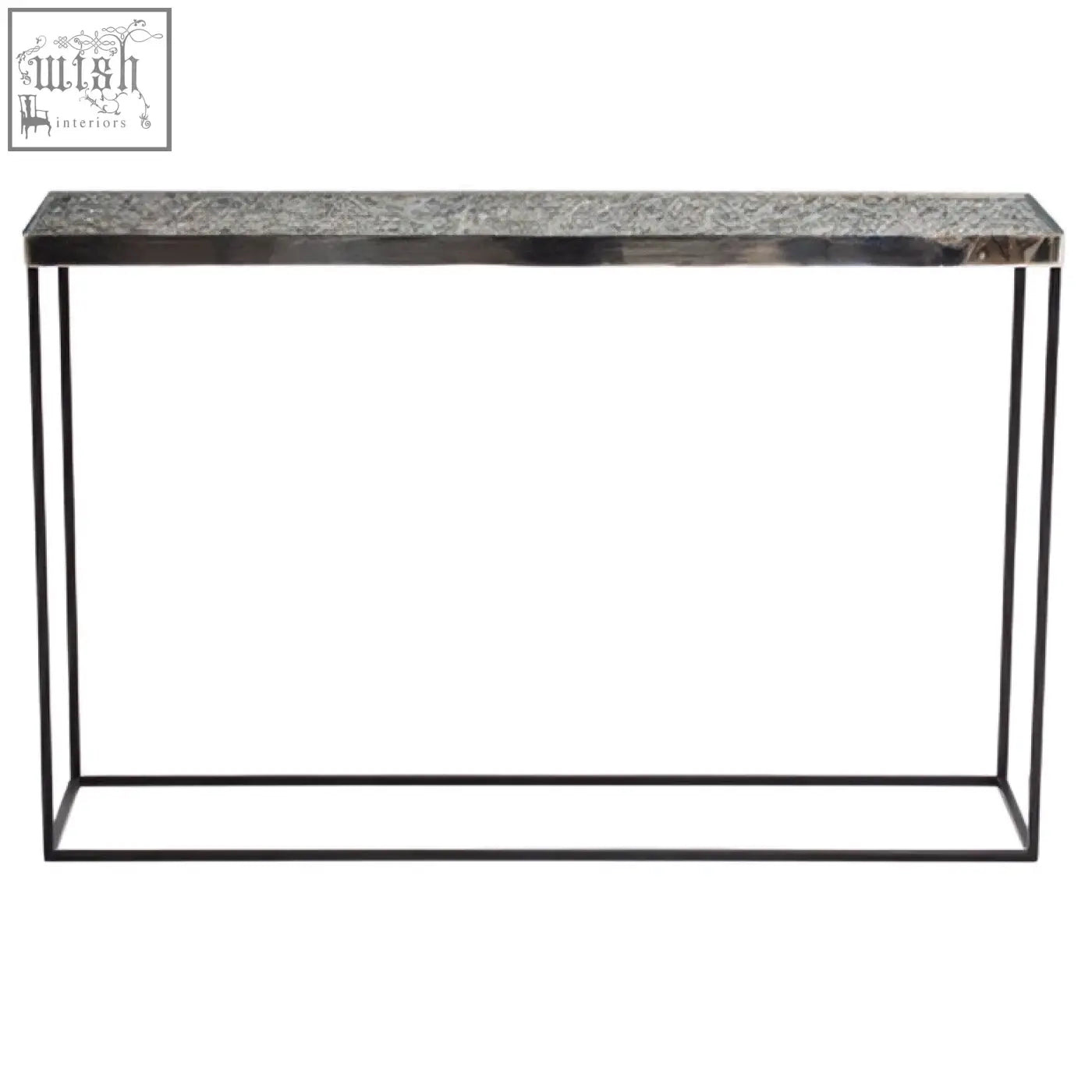 Modern akola silver console table with speckled gray stone top and black metal frame perfect for living room decor