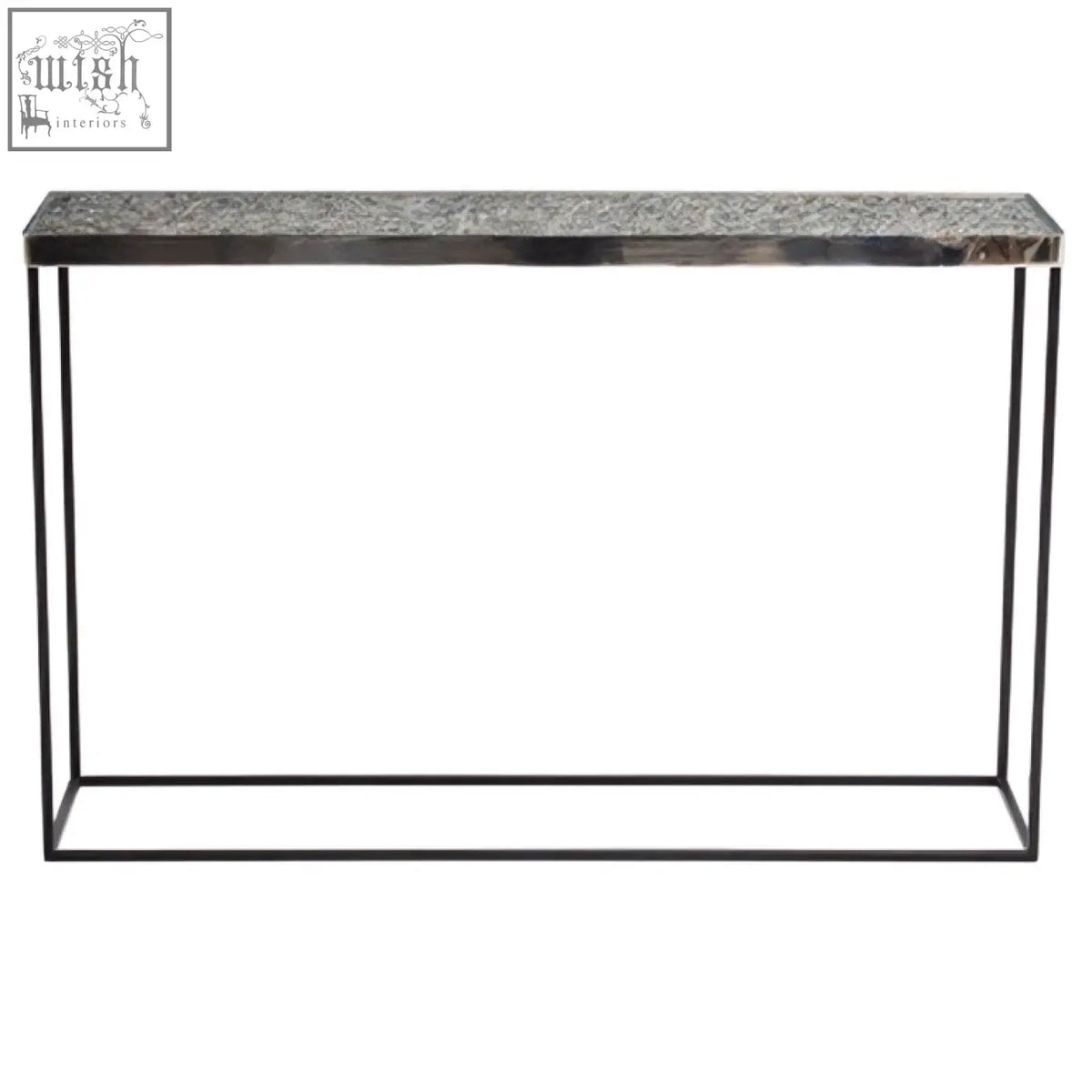 Modern akola silver console table with speckled gray stone top and black metal frame perfect for living room decor