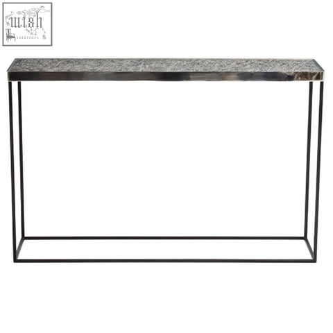 Modern akola silver console table with speckled gray stone top and black metal frame perfect for living room decor