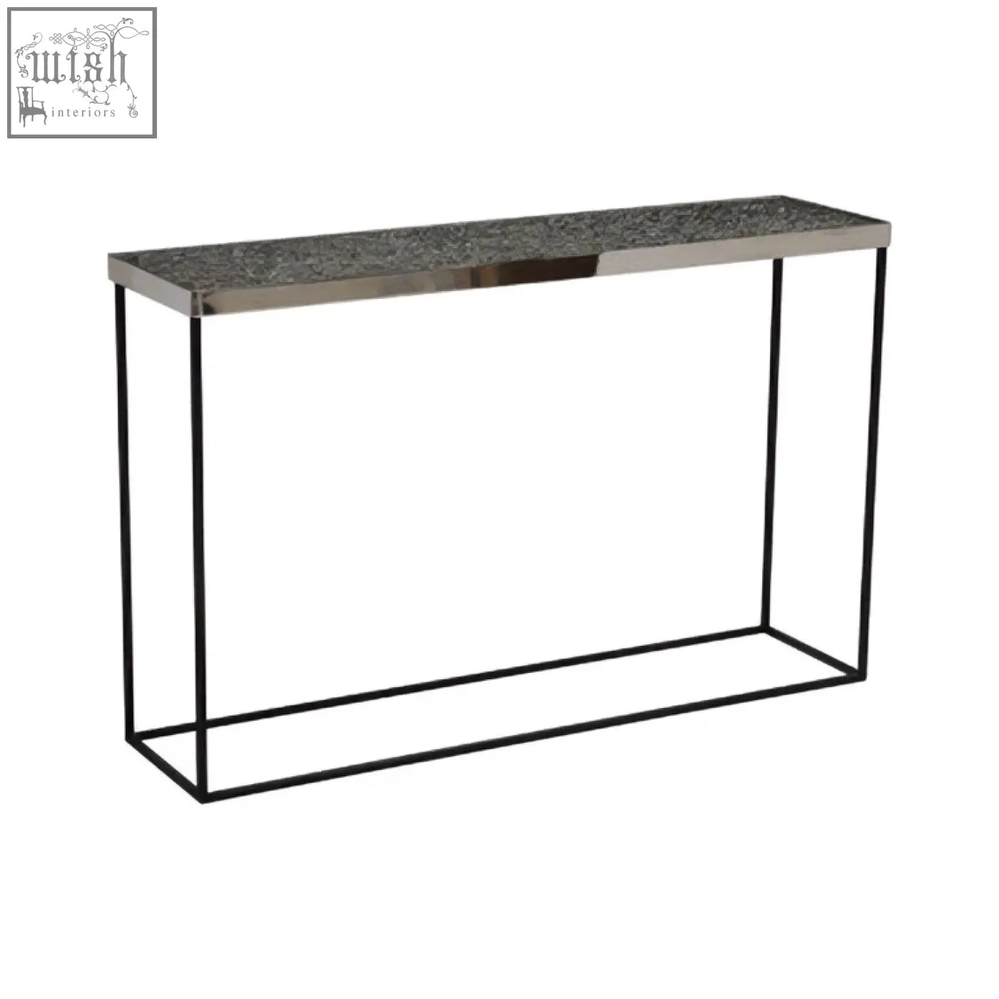 Modern akola silver console table with dark gray stone top and sleek black metal frame console table design
