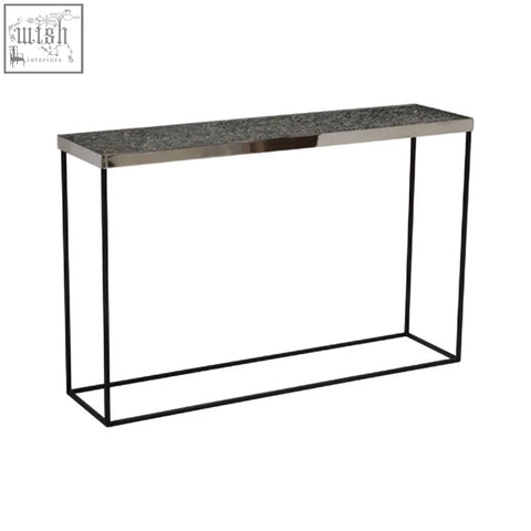 Modern akola silver console table with dark gray stone top and sleek black metal frame console table design