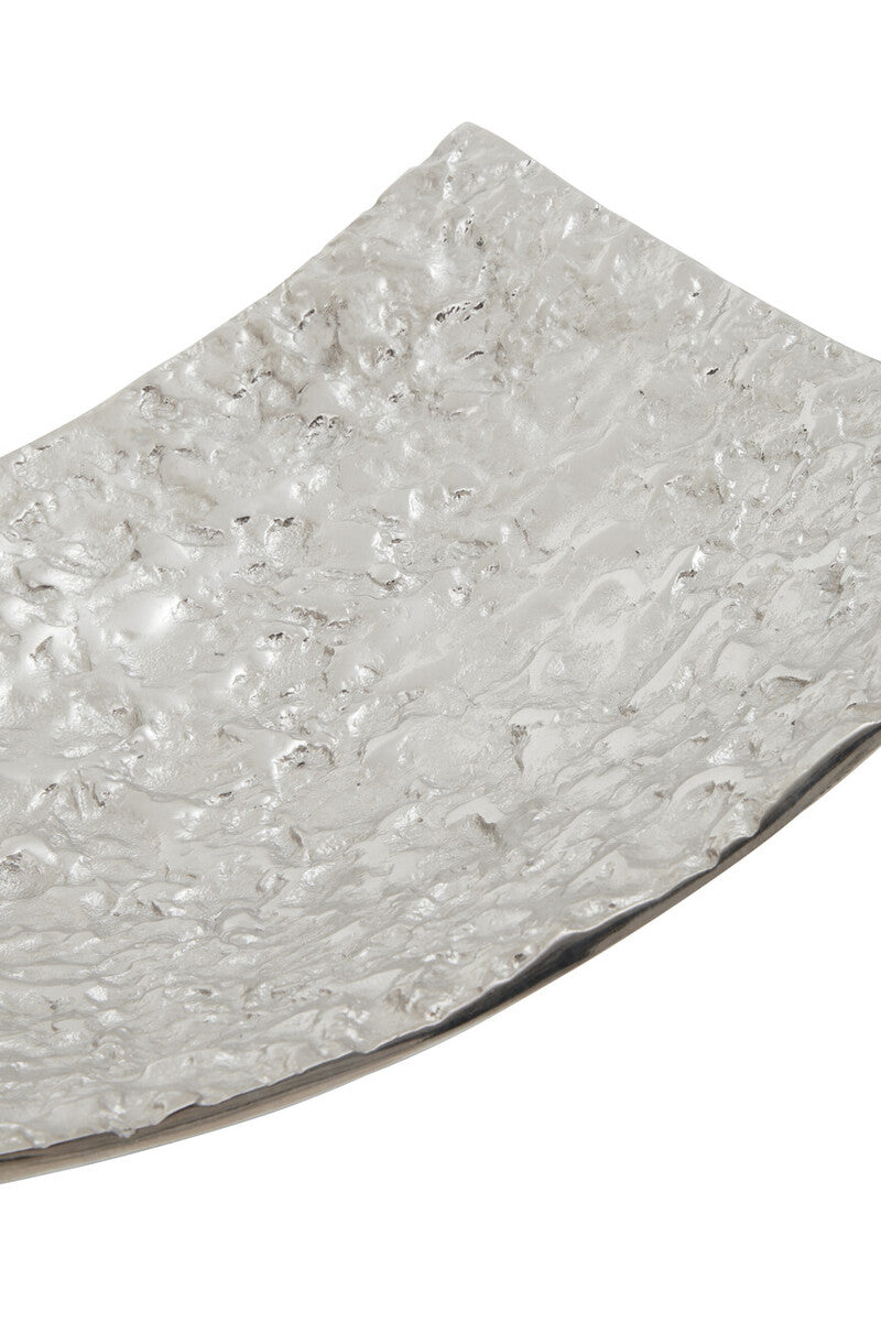 Akola silver finish decorative dish is a silver textured decorative serving tray with hammered textured finish