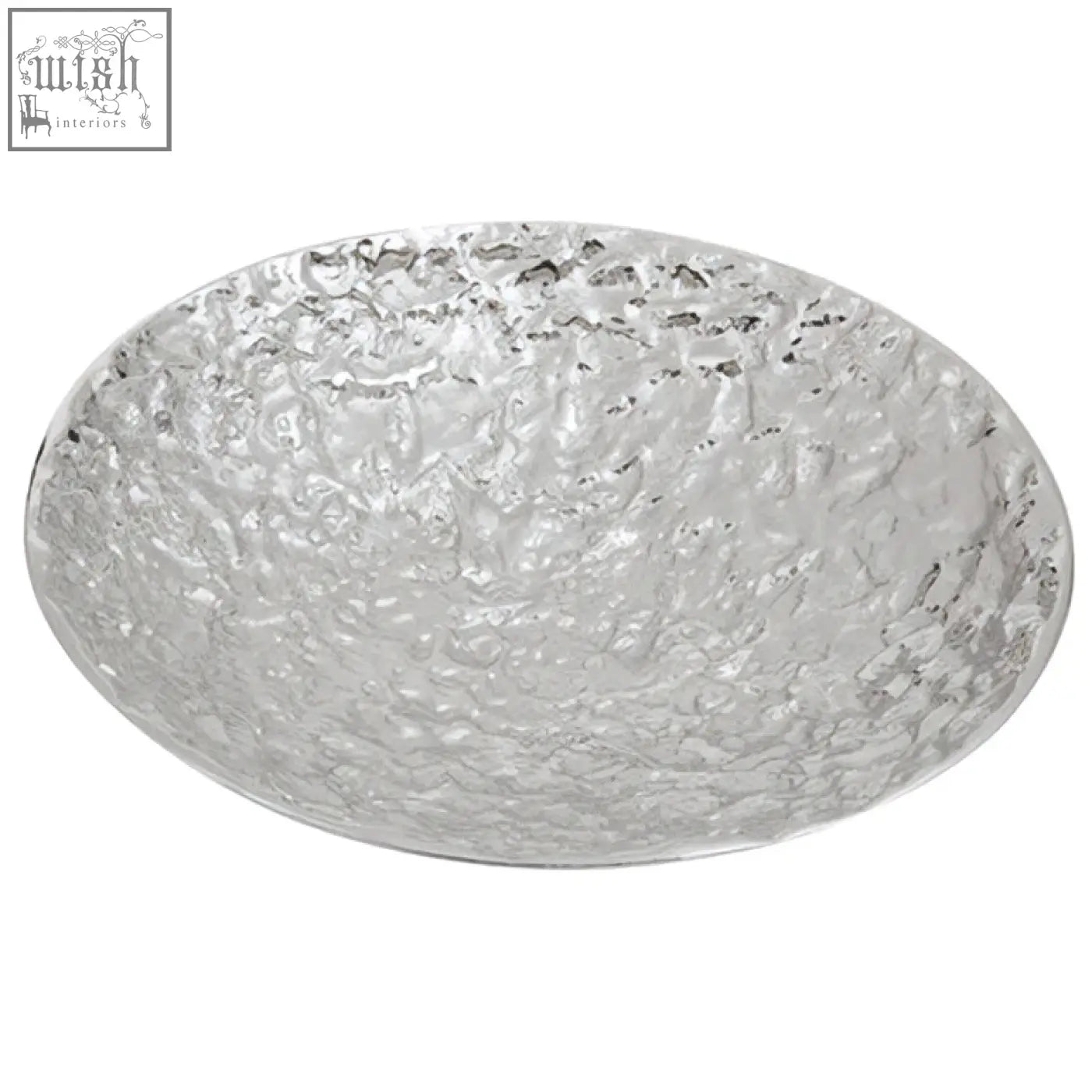 Silver textured decorative Akola serving bowl with hammered glass and a reflective, textured surface