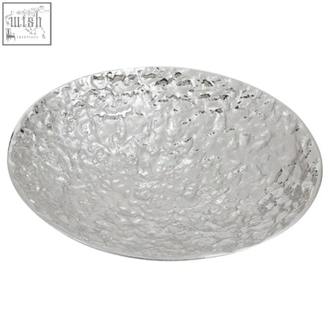 Silver textured decorative Akola serving bowl with hammered glass and a reflective, textured surface