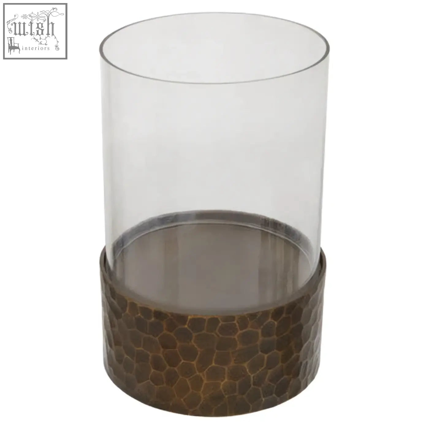 Clear glass cylinder candle holder with hammered bronze base in small antique gold finish for akola design