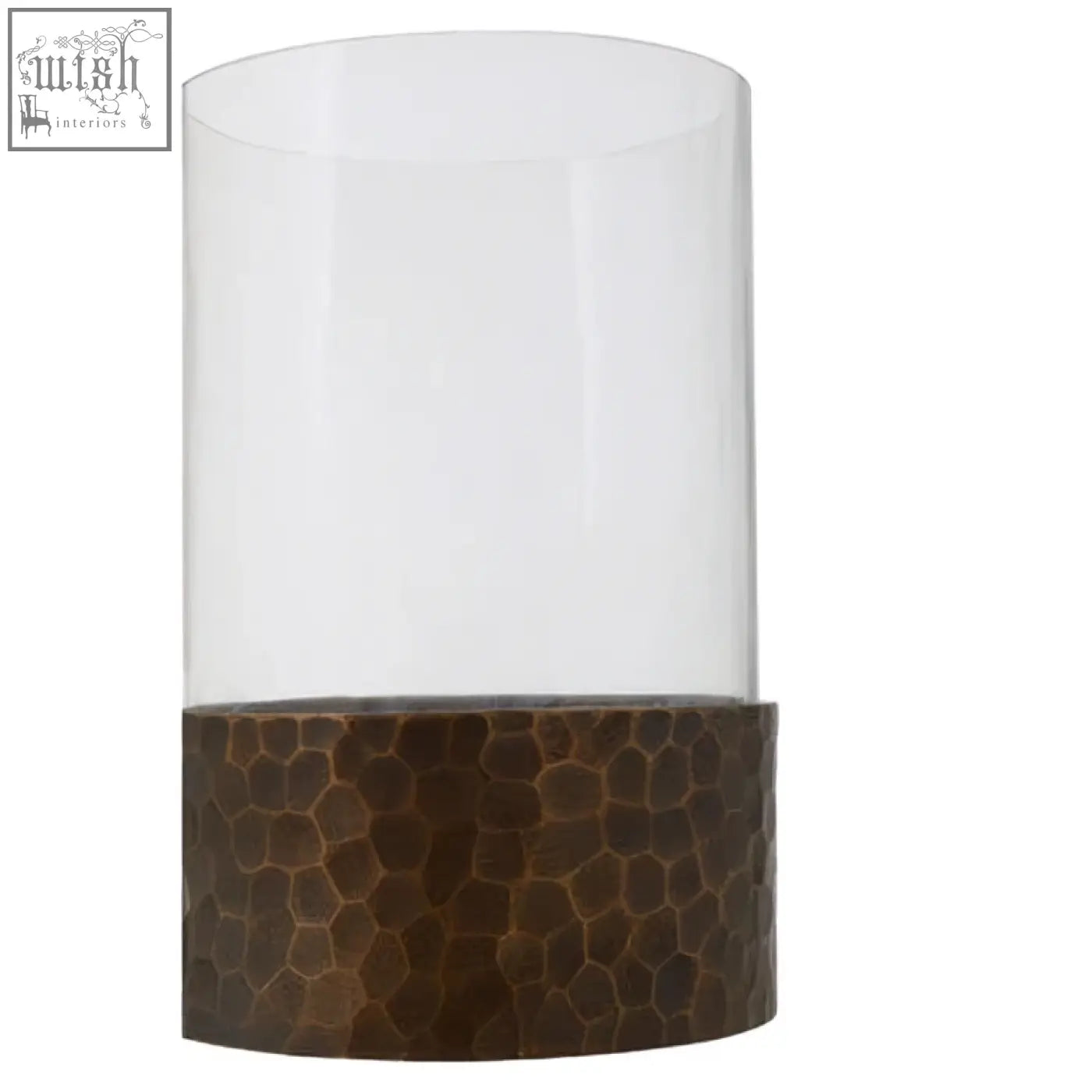Clear glass cylinder candle holder with hammered bronze base in small antique gold finish for elegant decor
