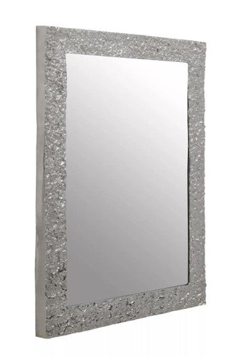 Silver framed rectangular wall mirror with textured silver glittery surface for stylish home decor use