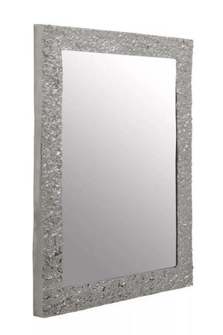 Silver framed rectangular wall mirror with textured silver glittery surface for stylish home decor use