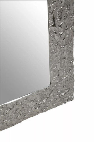 Silver framed rectangular wall mirror with a textured silver chunky border resembling shattered glass or stone