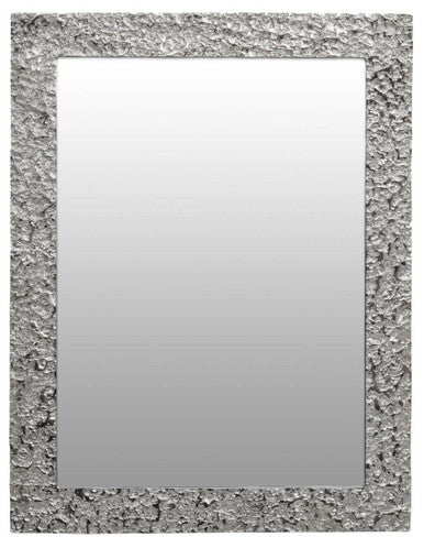 Silver framed rectangular wall mirror with textured silver stone like border for stylish home decor