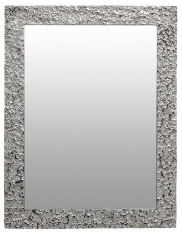 Silver framed rectangular wall mirror with textured silver stone like border for stylish home decor