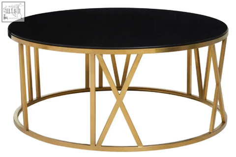 Alana round coffee table with black glass top and gold metal x-shaped frame perfect for stylish living rooms