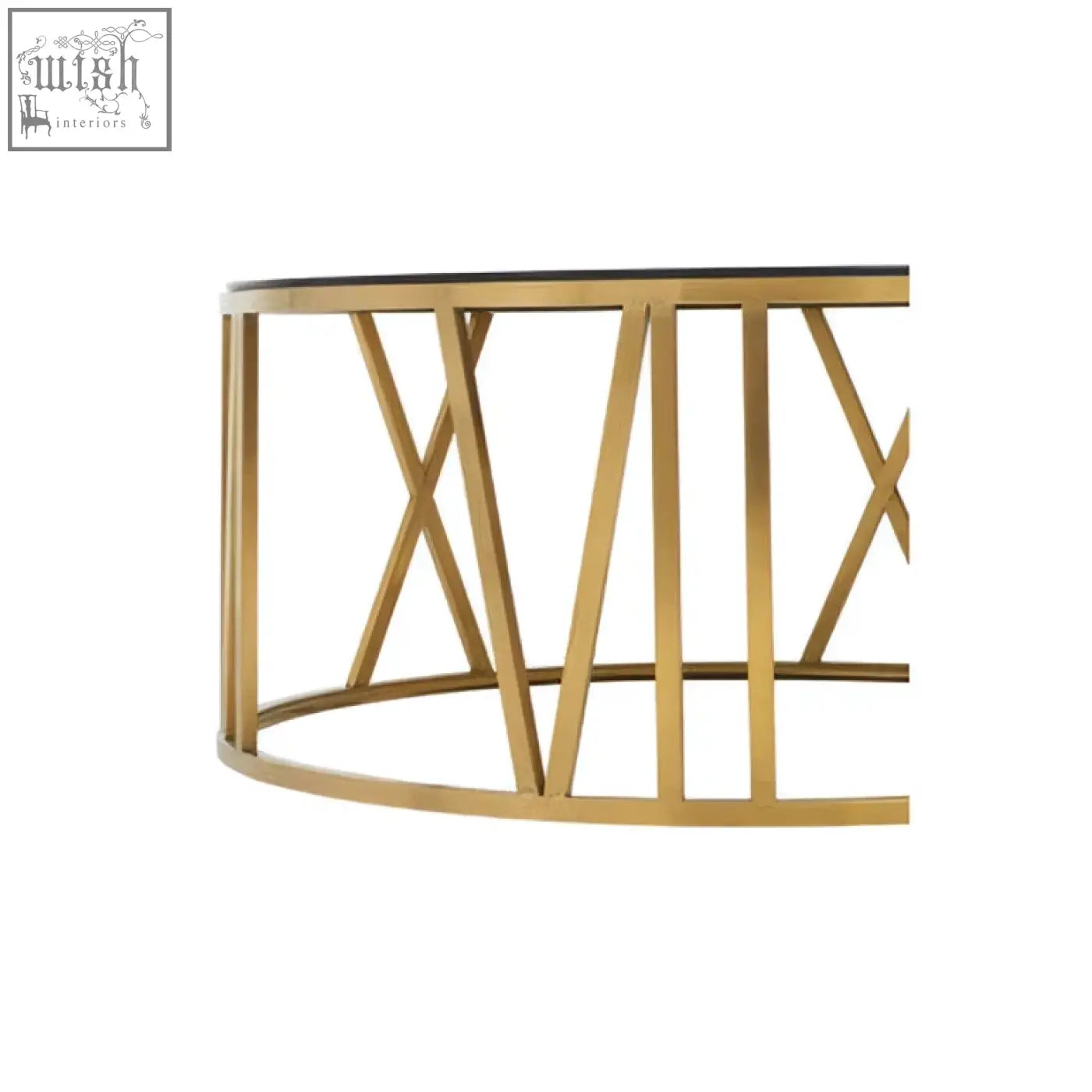 Gold-toned metal round coffee table with sleek curved frame and black glass top featuring x-pattern bars