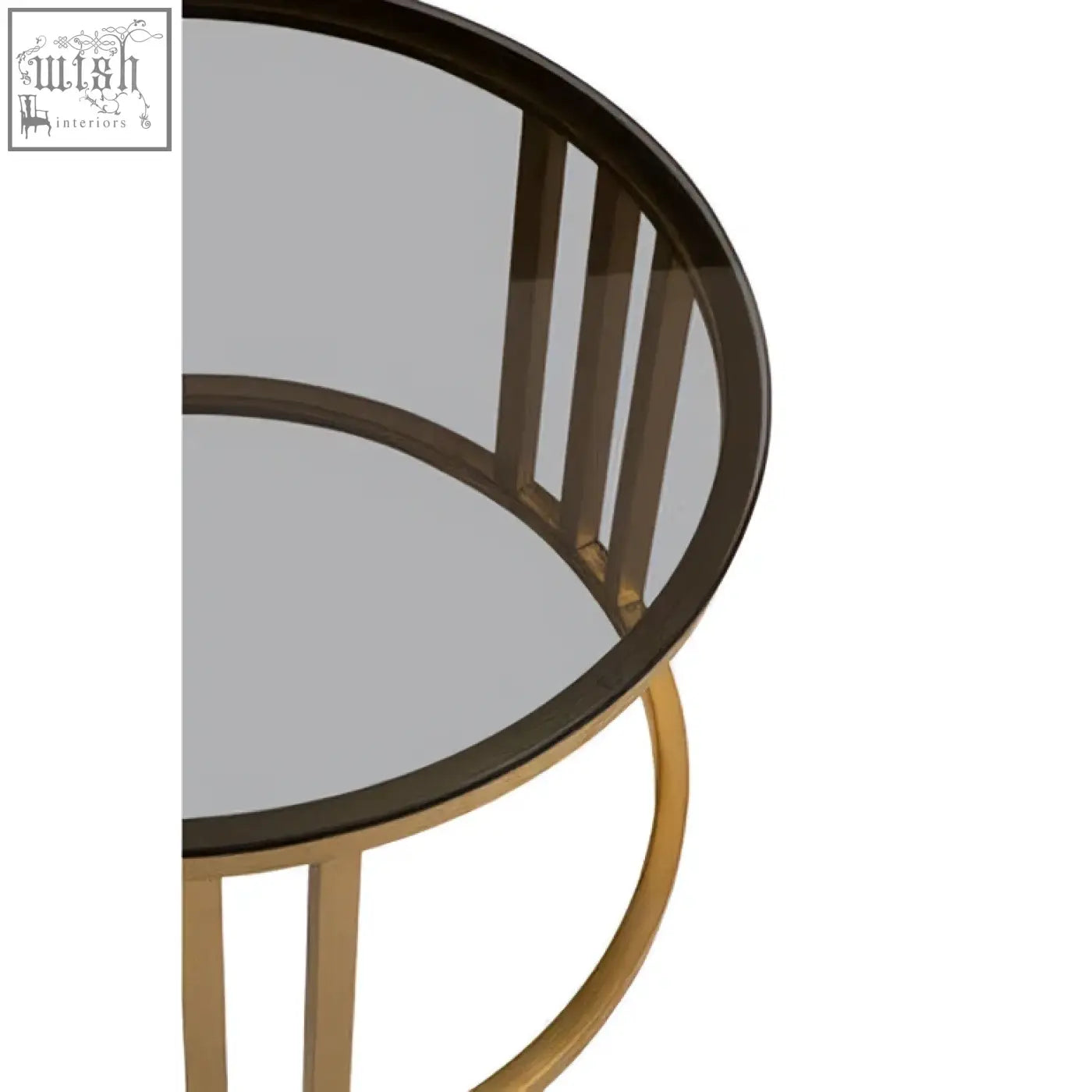 Gold-toned metal frame nesting coffee tables with circular glass top from alana set of 2 coffee tables