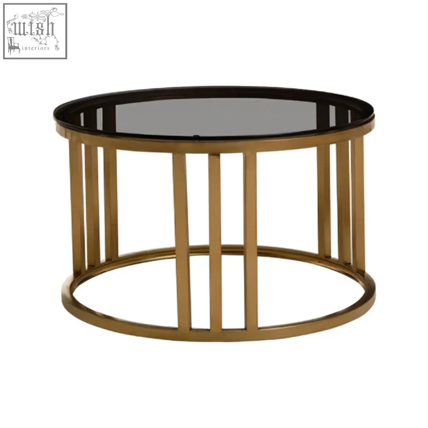 Alana set of 2 gold base nesting coffee tables with black glass top and vertical slat design for stylish living rooms