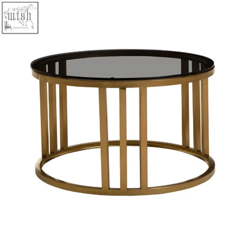 Alana set of 2 gold base nesting coffee tables with black glass top and vertical slat design for stylish living rooms