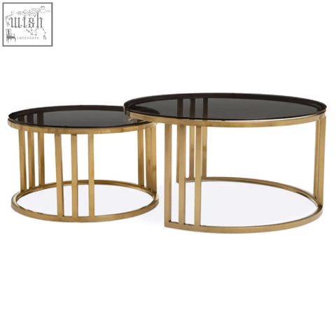 Alana set of 2 gold base nesting coffee tables with black glass tops perfect for stylish living rooms