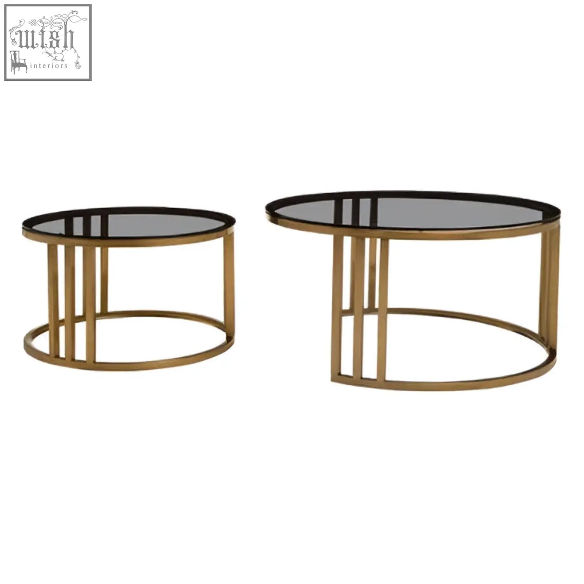 Gold-toned metal nesting coffee tables with black glass tops perfect for stylish living spaces