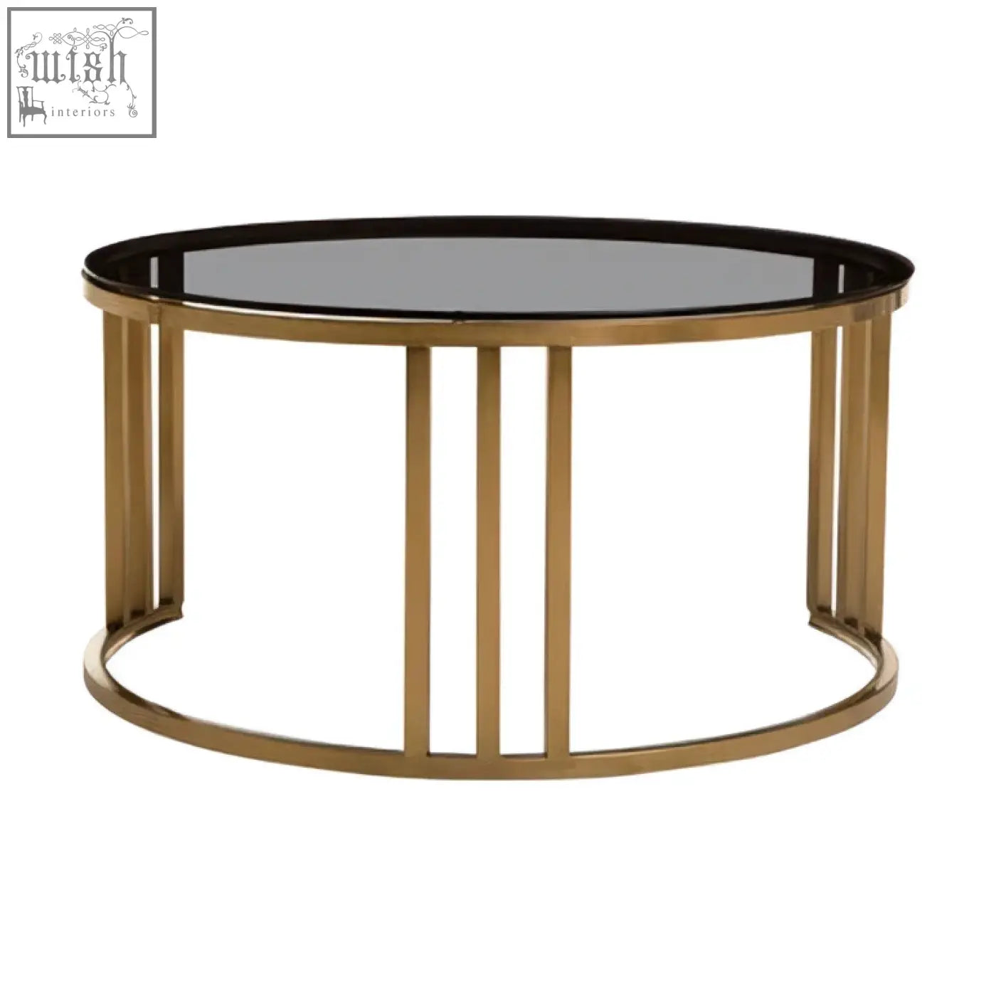 Alana set of 2 gold base nesting coffee tables with black glass top and vertical metal support bars
