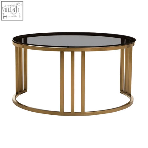 Alana set of 2 gold base nesting coffee tables with black glass top and vertical metal support bars