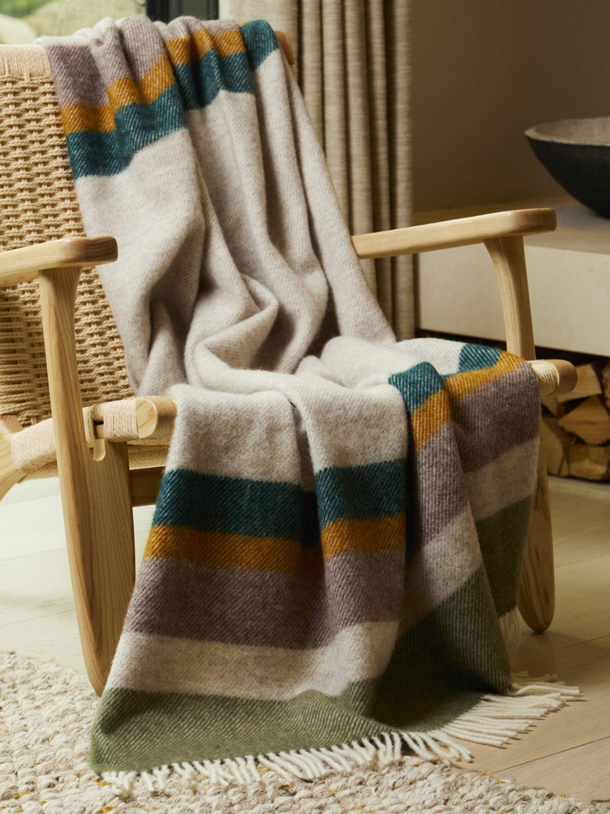 A cozy cream alaska stripe wool throw in teal mustard and gray with soft white fringe perfect for blanket size guide