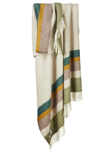 A cozy alaska stripe pure new wool throw blanket in cream with diagonal green mustard rose stripes and white fringe perfect for blanket size guide