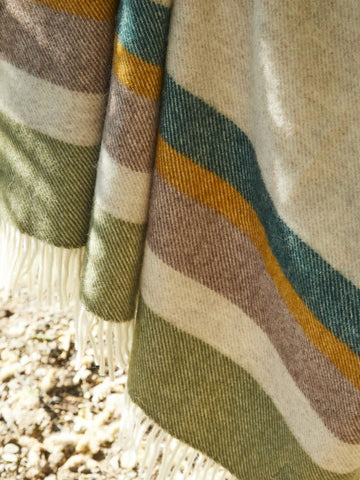 A cozy alaska stripe pure new wool throw blanket in earthy olive, cream, mustard, and teal with soft white fringe and blanket size guide