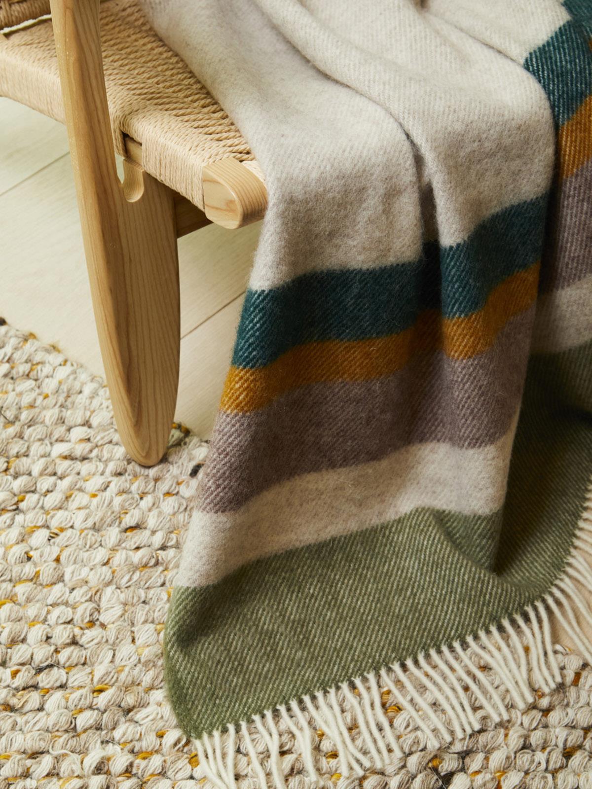 A cozy alaska stripe wool throw blanket in earth tones with soft white fringe perfect for size guide reference
