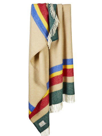 Beige alaska stripe pure new wool throw with bold red blue yellow green stripes and white fringe for cozy warmth blanket size guide
