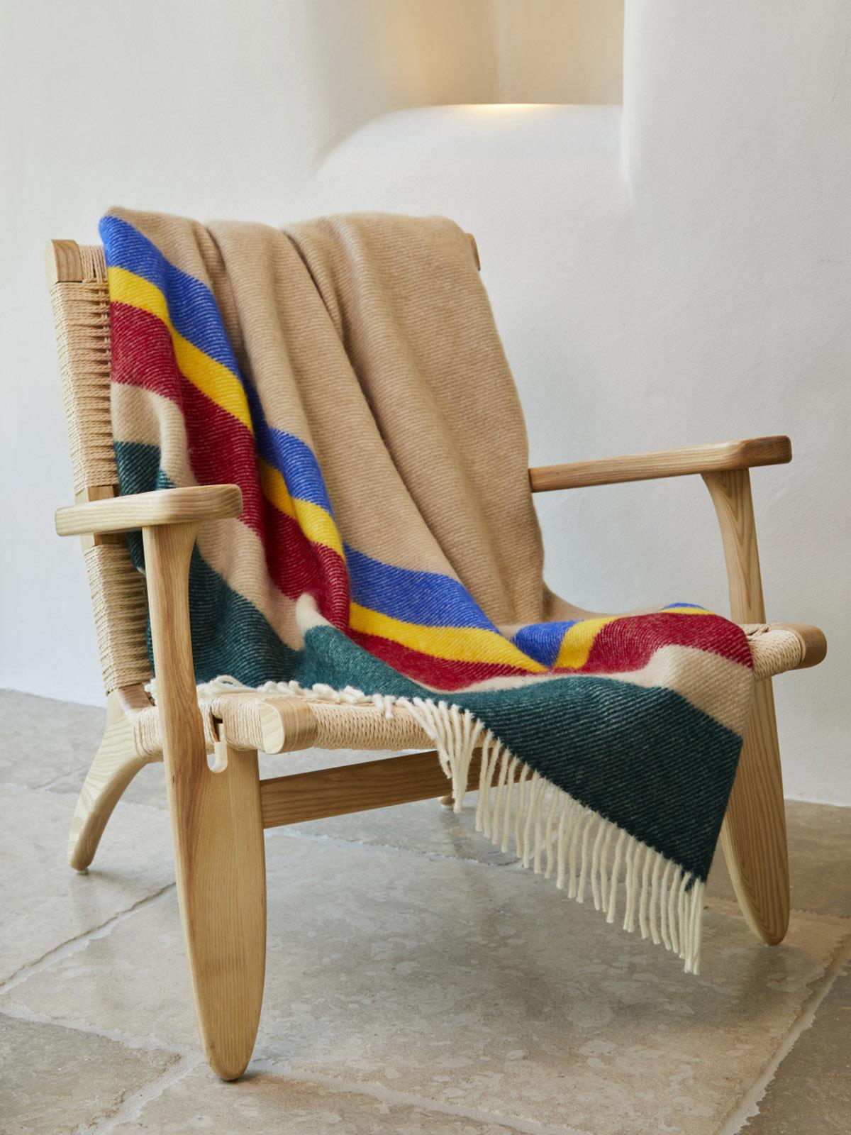 A cozy alaska stripe pure new wool throw blanket with bold beige blue red yellow and green stripes and soft fringe size guide