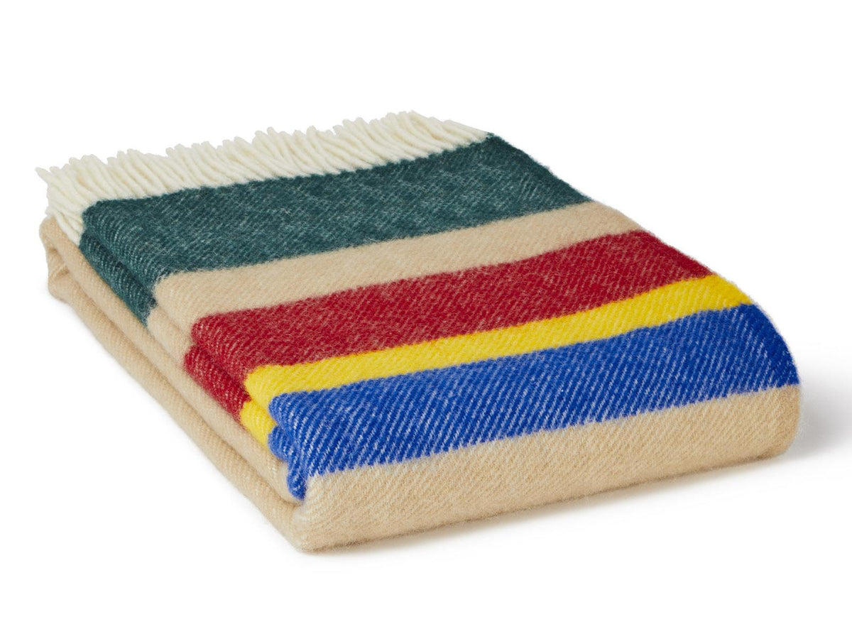 Folded alaska stripe pure new wool throw blanket in teal red yellow and blue with fringed edges size guide included