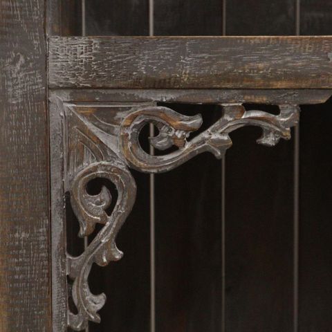 Antique style wooden corner bracket with intricate scrollwork in distressed dark brown for albasia bathroom cabinet greywash