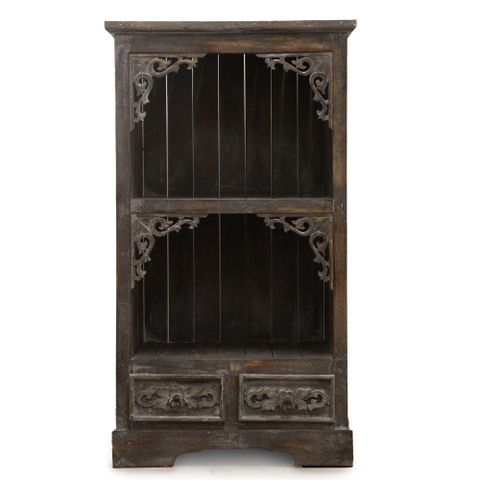Dark brown wooden bookshelf with ornate carved corners and drawers featured in albasia bathroom cabinet greywash product