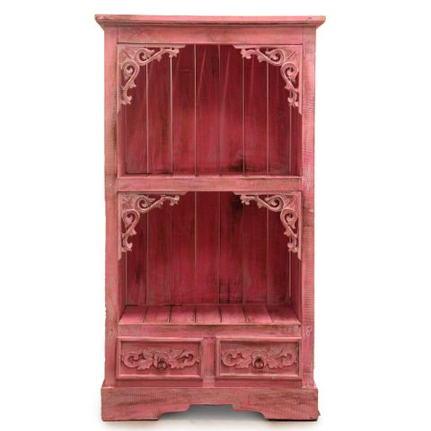 Albasia bathroom cabinet pinkwash with rustic red albasia wood, ornate carved corners, and two base drawers