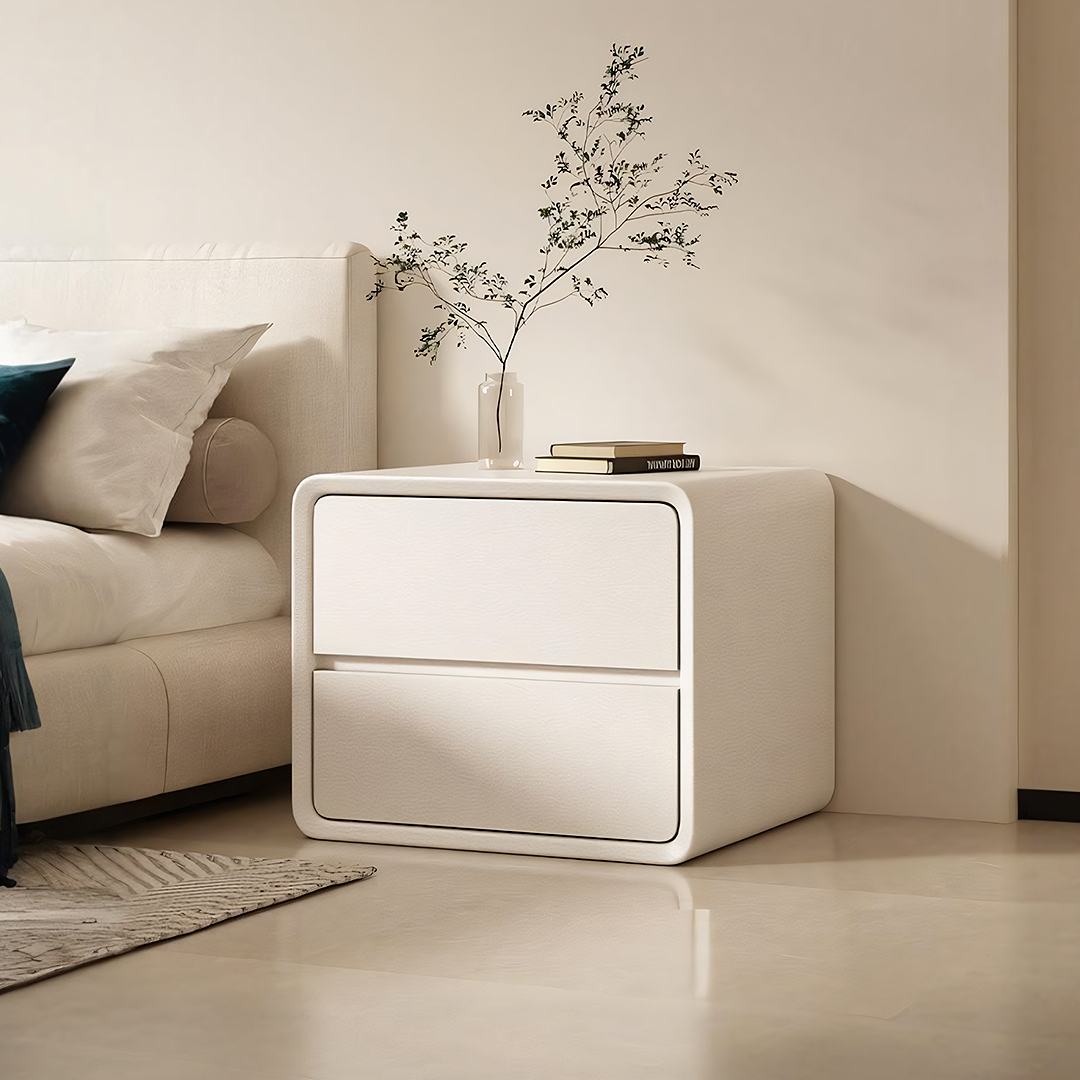 Minimalist white two-drawer bedside table with sleek modern design and smooth surfaces alberto bedside table