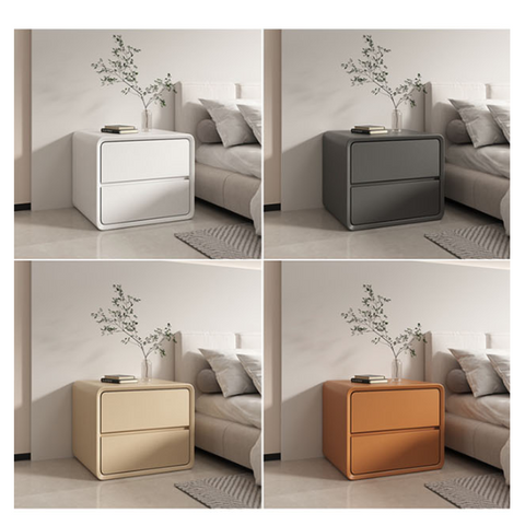 Modern minimalist two-drawer alberto bedside table available in white gray beige and orange finishes for bedrooms