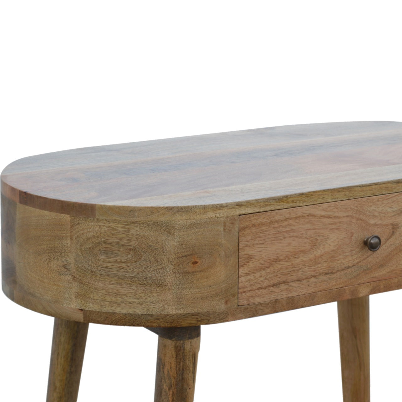 Light brown oak finish albion console table with single drawer and rounded edges in a wooden console table design