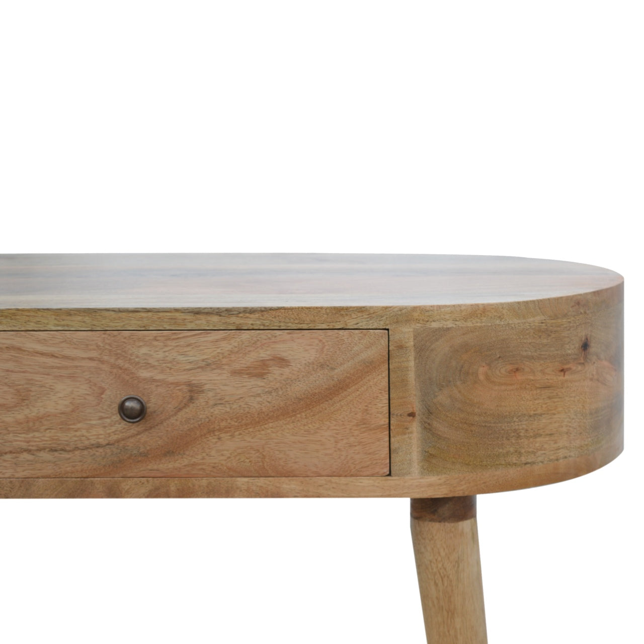 Albion console table with light brown oak finish, single drawer, and rounded edges on a wooden desk