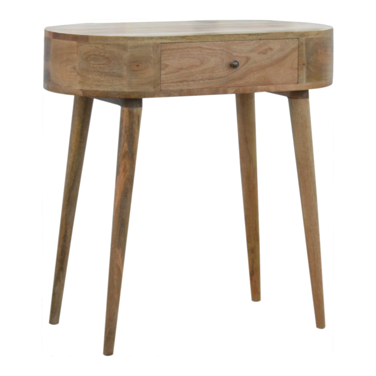 A light brown oak finish albion console table with an oval top, single drawer, and tapered legs