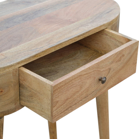 Light-colored oak finish albion console table with tapered legs and single drawer side table design