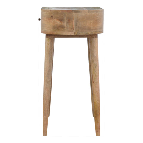 Light-colored wooden albion console table with single drawer and oak finish tapered legs