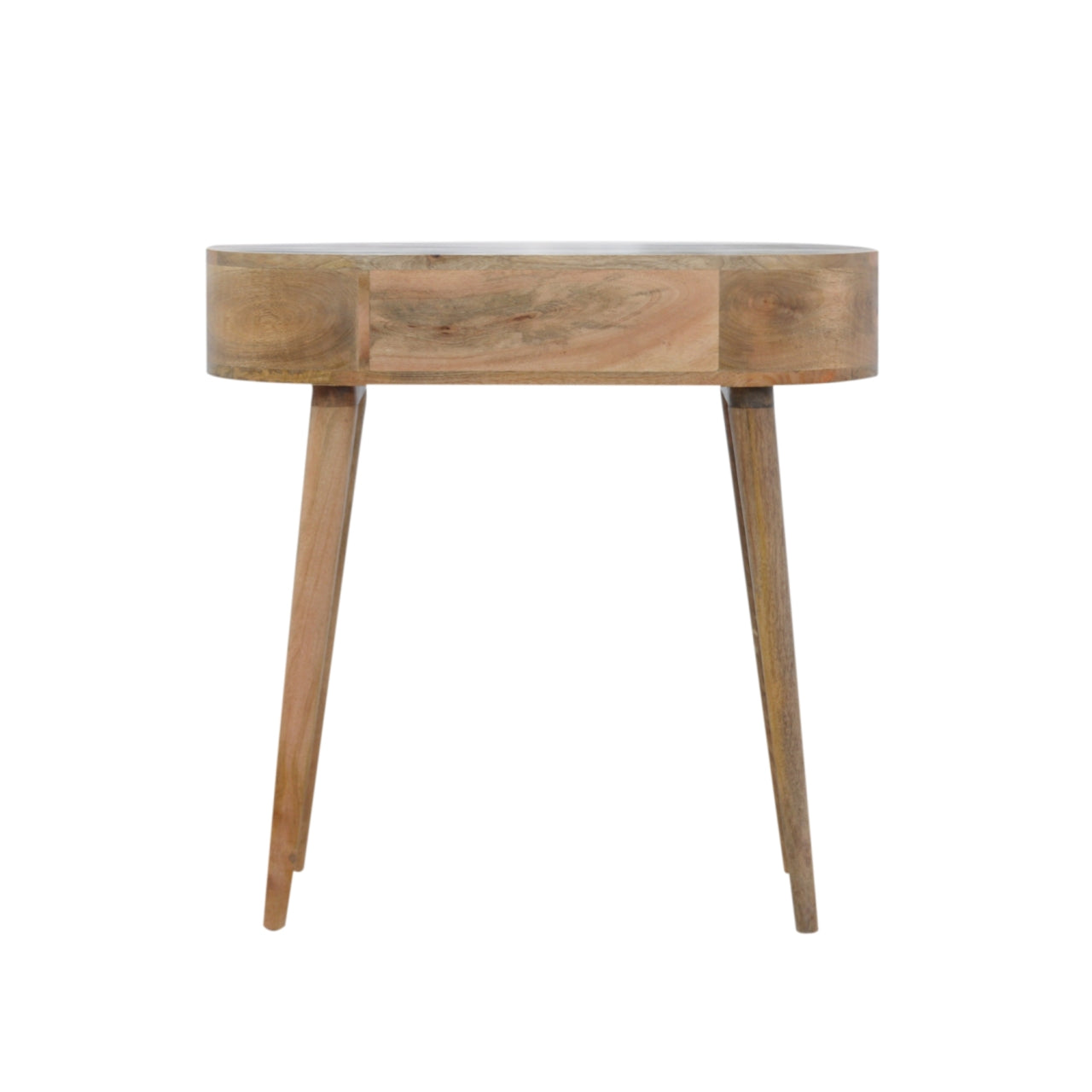 Albion console table featuring a minimalist oval design with oak finish and tapered legs in natural wood tone