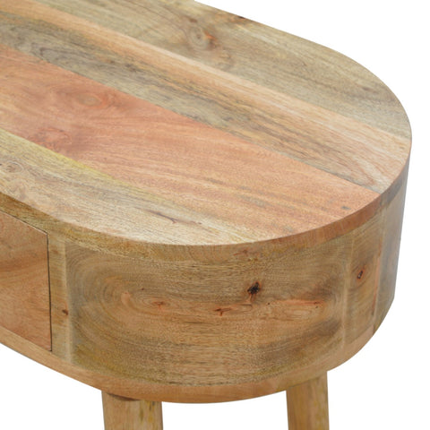 A rustic albion console table with a natural oak finish and visible wood grain in an oval shape