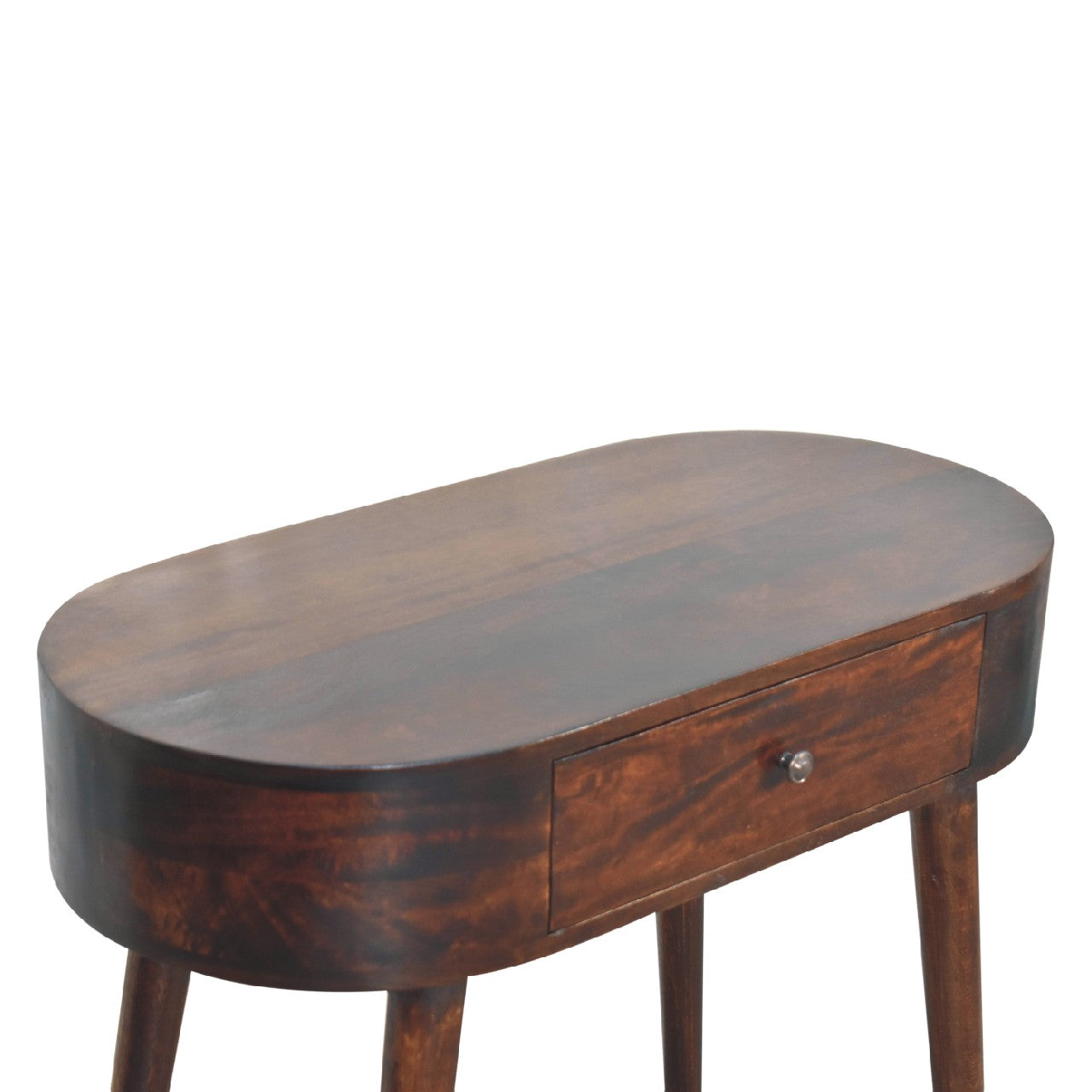 Dark brown oval wooden console table with single drawer and slender legs from albion walnut collection