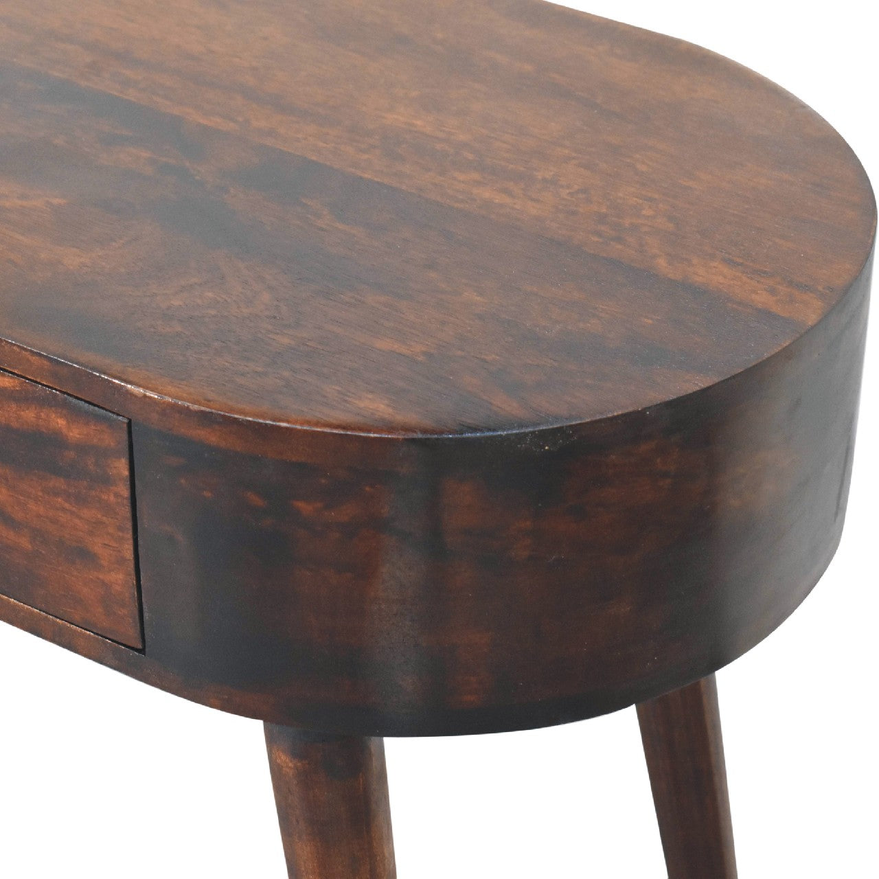 Dark brown oval walnut console table with single drawer and tapered legs perfect for entryway or hall display