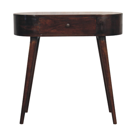Dark brown walnut console table with single drawer and tapered legs perfect for entryway or living room display