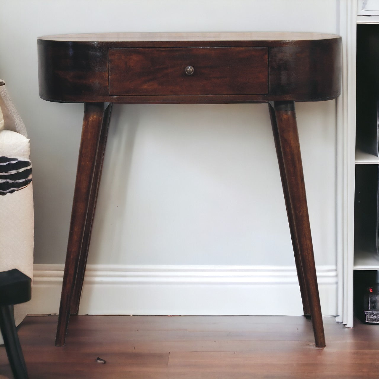 Dark brown walnut console table with single drawer and tapered legs perfect for entryway or living room use