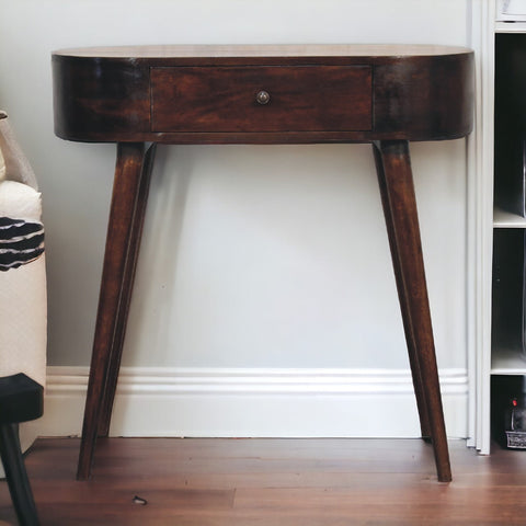 Dark brown walnut console table with single drawer and tapered legs perfect for entryway or living room use