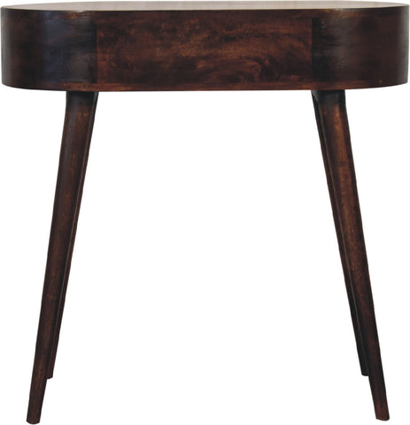 Dark brown walnut console table with a smooth oval top and tapered legs perfect for entryways or living rooms